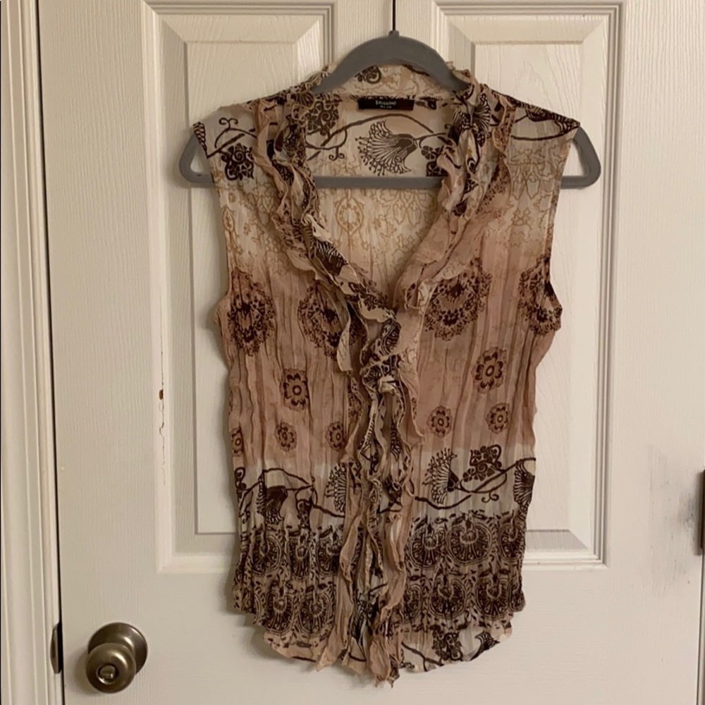 Belissimo Tan Cream Floral Geometric Print Sheer Polyester Top/Vest Size Large